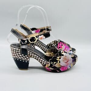 Spring Step L'Artiste Sandals Womens 6 Black Pink Leather Slingback Cone Heel